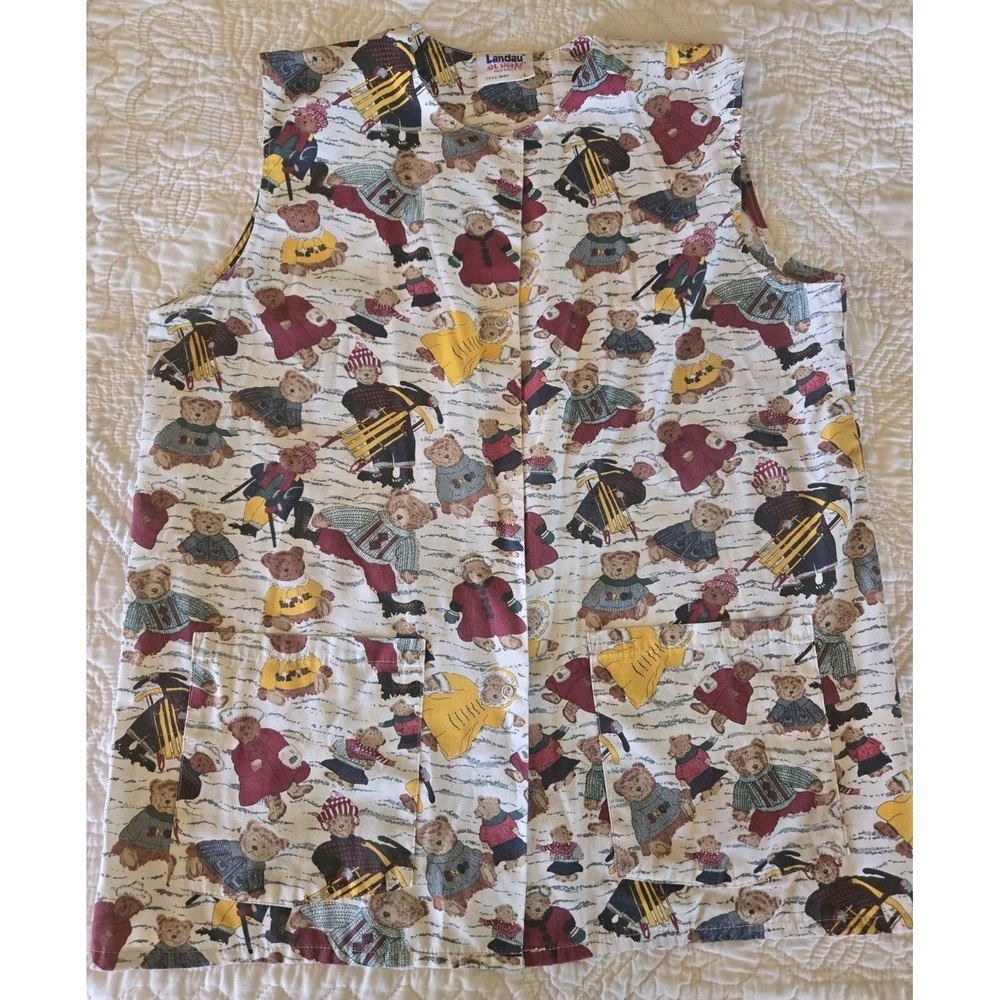 Vtg Landau Artworks Teddy Bear Print Button Front Scrub Sleeveless Top L Large